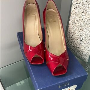 Stuart Weitzman Red Patent Leather Peep-Toe Heels